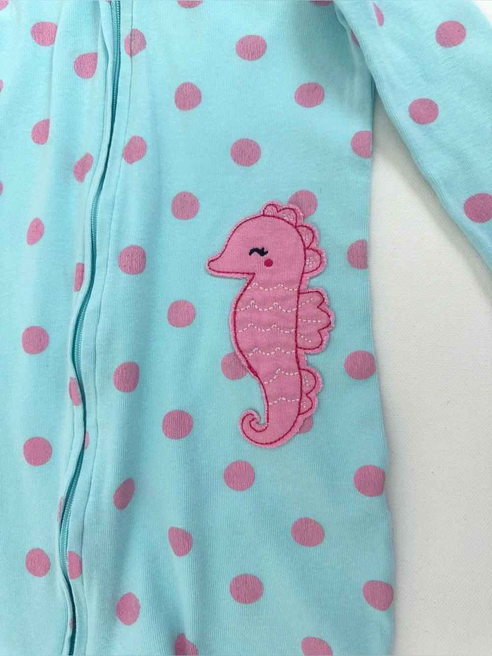 Carter's girl’s  Light Blue One-Piece with Pink Polka Dots, Seahorse.  Size 2T.